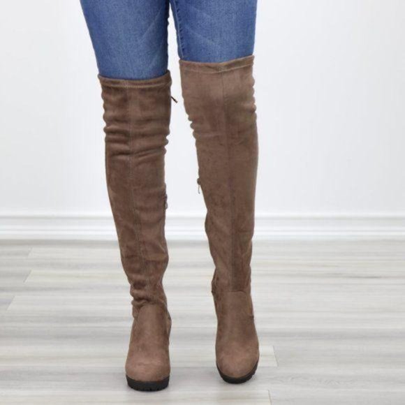 Taupe Thigh High Suede Boots Lug Chunky Heel - Picture 9 of 15